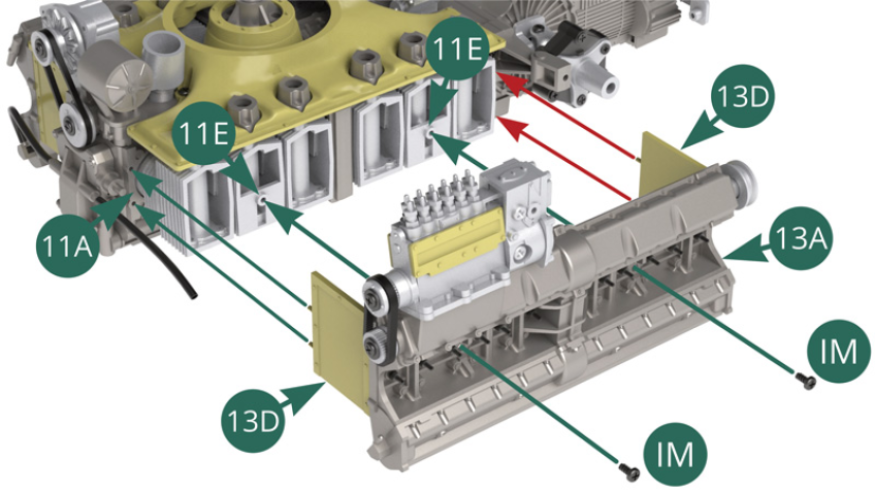 Position the left cylinder head 13A on the lower part of cylinder 11E making sure that the two partitions 13D are correctly positioned on the left engine block 11A, then fix the assembly with two IM screws (illustrations opposite and below) . 