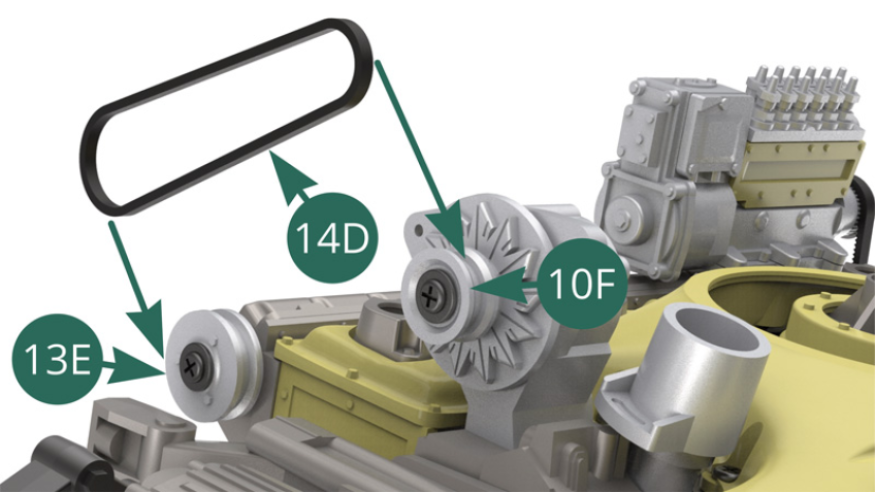 Position the generator main belt 14D on the pulleys 10F and 13E (illustrations opposite and below). 