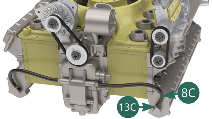 Connect the free end of the 8C oil hose to the nozzle located at the end of the 13C exhaust valve cover.