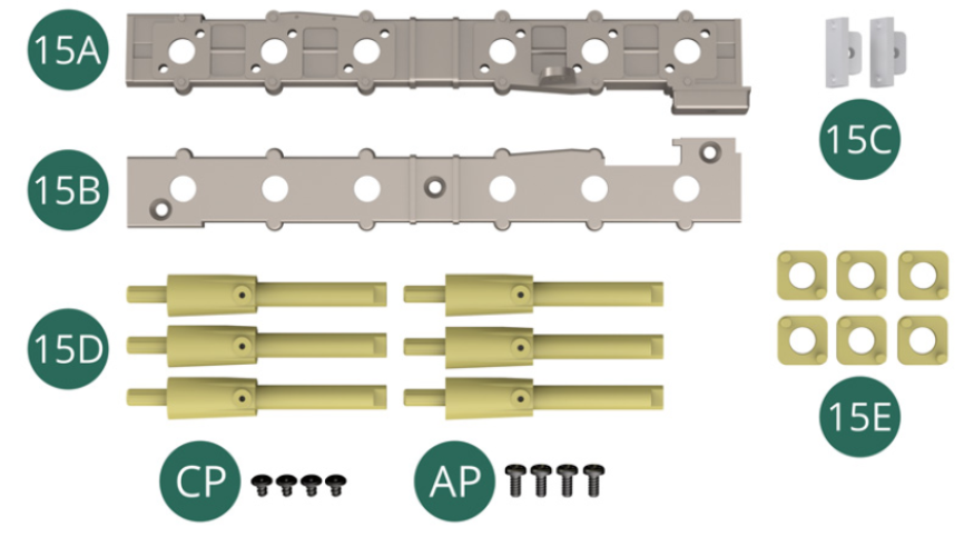 15A Intake trumpet support top 15B Undercarriage for intake trumpets 15C End cover (x 2) 15D Admission Trumpet (x 6) 15E Inlet flange (x 6) CP Screw M 1.7 x 3 x 3 mm (x 4, flat head) AP Screw M 1.7 x 4 mm (x 4) 