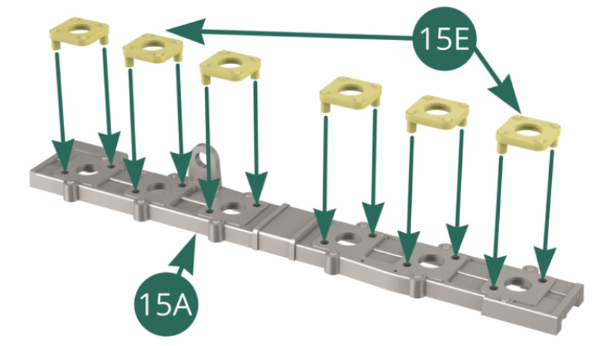 Position the six 15E inlet flanges on the top of the 15A intake trumpet support. 