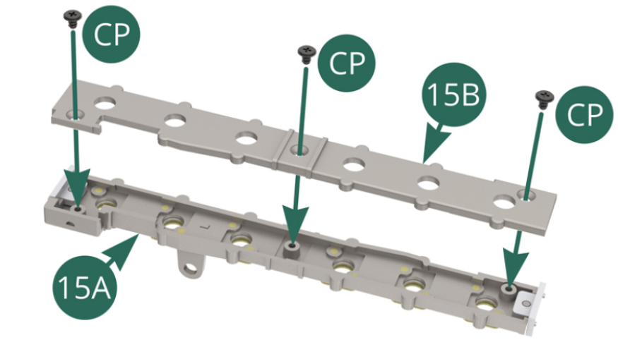 Position the inlet trumpet support underside 15B on the support top 15A and secure with three CP screws. 