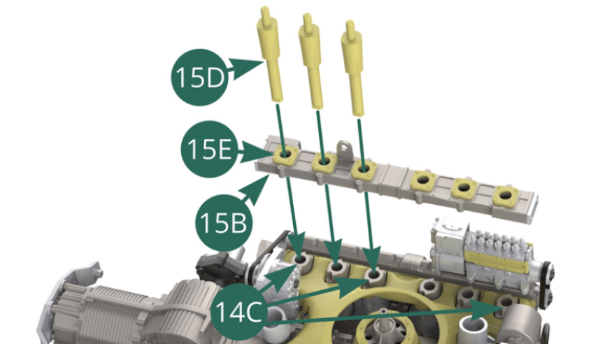 Position the 15B mission trumpet holder over the six 14C air intake brackets. Place three 15D inlet trumpets into the three corresponding 14C holders by passing them through their respective three 15E flanges. 