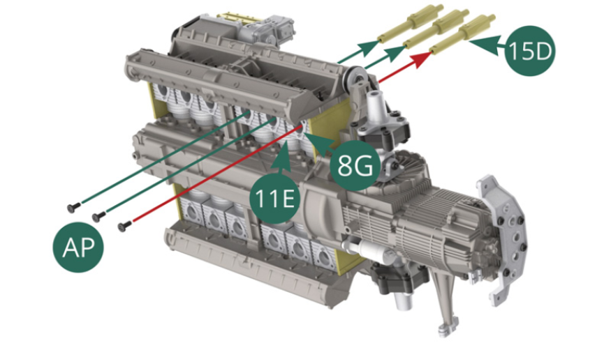 Attach three 15D intake trumpets to the 11E (x 1) and 8G (x 2) cylinder lower parts with three AP screws. Start with the 8G indicated by the red arrow (illustrations opposite and below). 