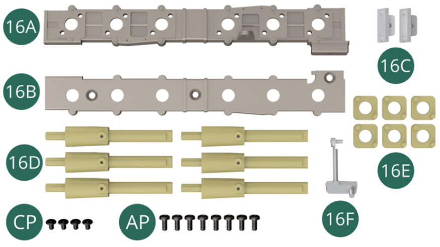 16A Intake trumpet support top 16B Admission trumpet support underside 16C End cover (x 2) 16D Admission Trumpet (x 6) 16E Inlet flange (x 6) 16F Generator support arm CP Screw M 1.7 x 3 x 3 mm (x 4, flat head) AP Screw M 1.7 x 4 mm (x 8) 