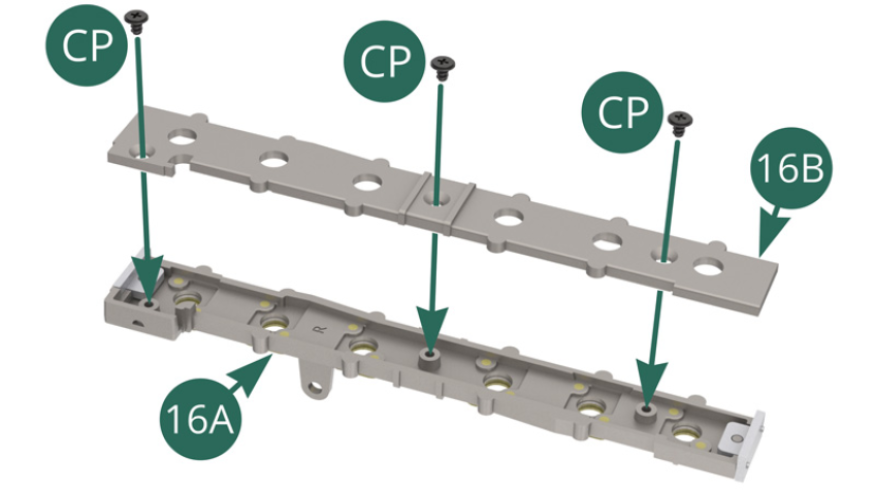 Position the inlet trumpet support underside 16B on the support top 16A and secure with three CP screws. 