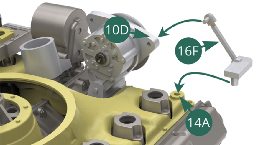 Position the support arm 16F on the bracket of the generator 10D and at the corner of the top of the air cooling chamber 14A (illustrations opposite and below). 