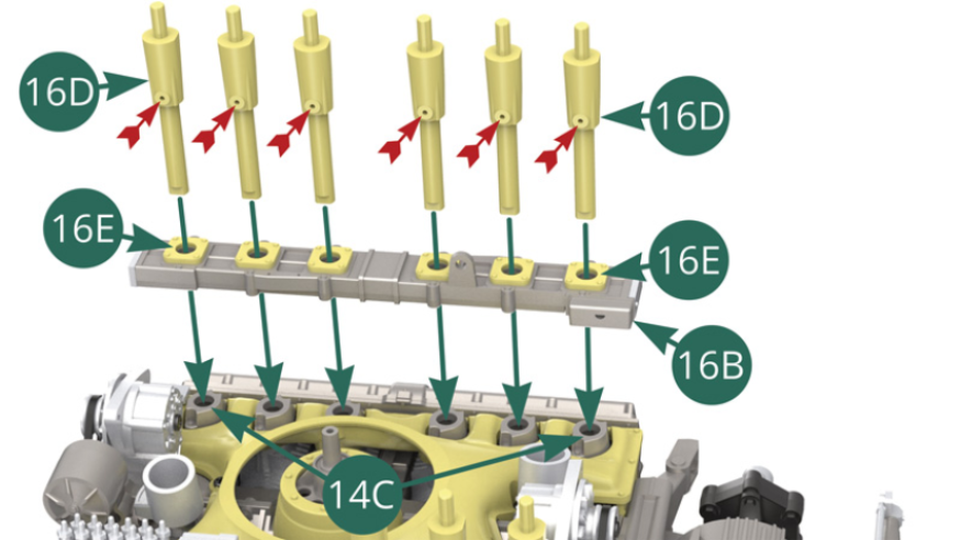 Position the 16B intake trumpet bracket over the six 14C air intake brackets. Place six 16D intake trumpets into the corresponding six 14C holders by passing them through their respective six 16E flanges. Check the correct orientation towards the inside of the holes on the 16D trumpets (red arrows) 