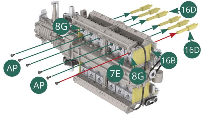 Secure the 16D intake trumpets to the 8G (x 4) and 7E (x 2) cylinder lower parts with six AP screws. Start with the 8G indicated by the red arrow (illustrations opposite and below). 