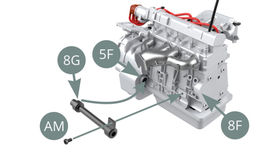 Fit 8G Drive shaft extension to 5F Top Gearbox housing socket and 8F Right Engine block and fix with AM screw. Fit 8H Oil dipstick to the socket in 8F Right Engine block. Fit 8I Heater pipe to the nozzle of 8F Right Engine block. 