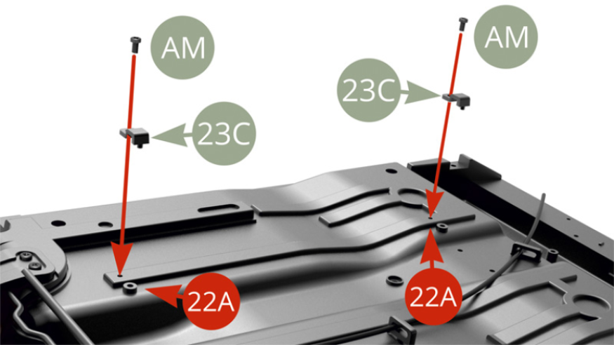 Fit two 23C Brake lines clamp to the bottom of 22A Chassis panel and fix each one with AM screw.