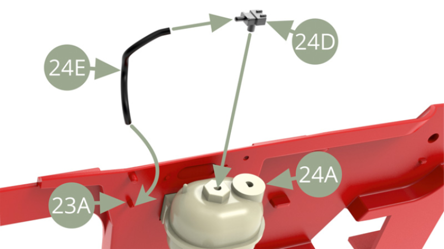 Fit one end of 24E Coolant level sensor pipe to 24D Coolant level sensor , fitting the latter to 24A Coolant expansion bottle top , and free end of 24E Coolant level sensor pipe to lower nozzle on 23A Firewall.