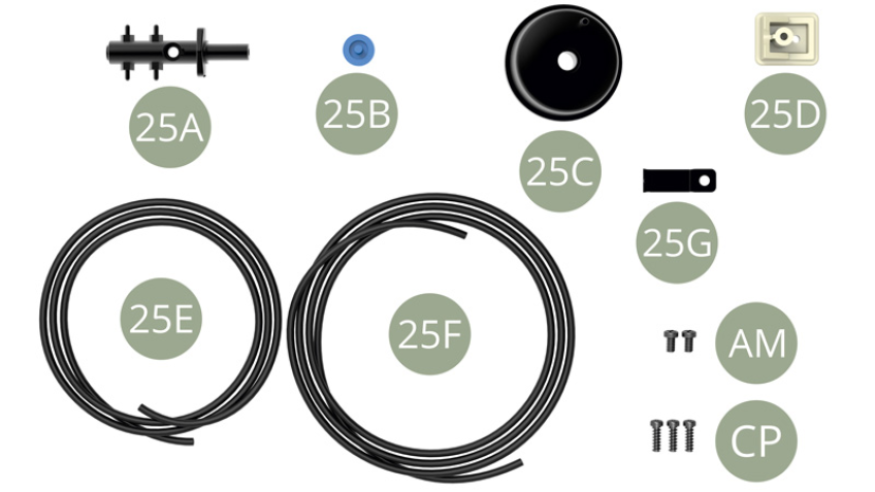 25A Brakes master cylinder25B Cap25C Brakes booster25D Brakes fluid reservoir25E Rear left brake line ( shorter )25F Rear right brake line ( longer ) 25G ClampAM M 1,7 x 3 mm (x 2)CP M 1,7 x 5 mm (x 3)