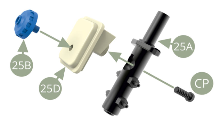 Fit 25B Cap to 25D Brakes fluid reservoir . Fit 25D Brakes fluid reservoir to 25A Brakes master cylinder and fix with CP screw .