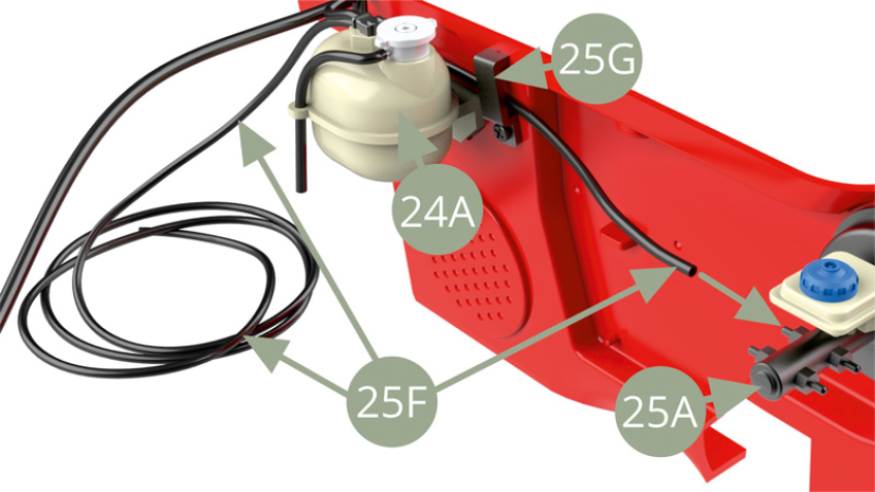 Pass 25F Rear right brake line behind 24A Coolant expansion bottle top, through 25G Clip and fit to the pointed nozzle on 25A Brakes master cylinder.