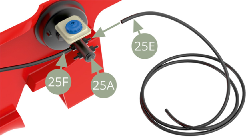 Fit 25E Rear left brake line to the pointed nozzle on 25A Brakes master cylinder.