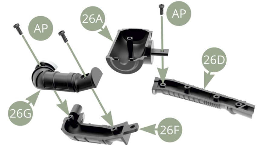 Fit together 26F and 26G Filter to Flow meter Duct halves and fix them with two AP screws . Fit 26D Air intake Duct half to 26A Air filter Housing half and fix them with AP screw .