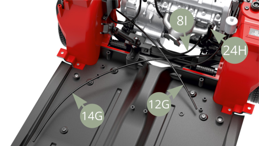 Prior to installation of pre assembled 23A Firewall to Engine compartment , and for further assembly convenience , identify : 8I Heater pipe , 24H Coolant hose , 12G and 14G Brake fluid pipes.