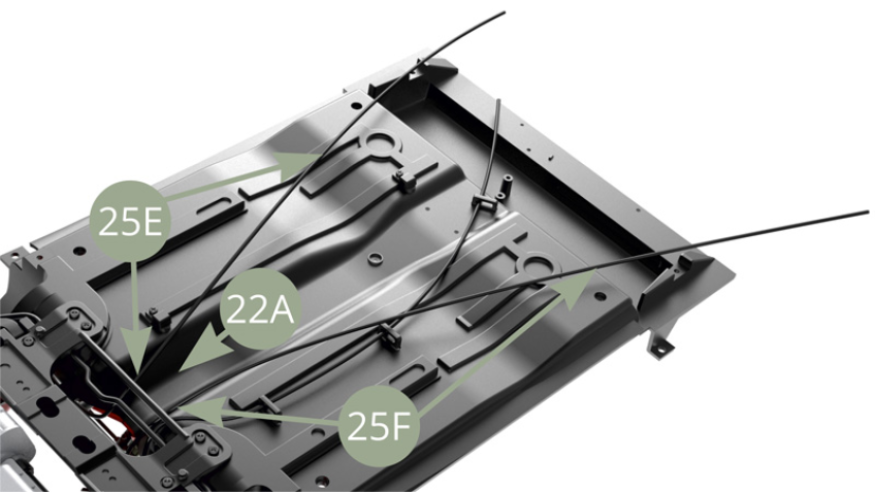 25E Rear left and 25F Rear right brake fluid lines passed under 22A Chassis panel .