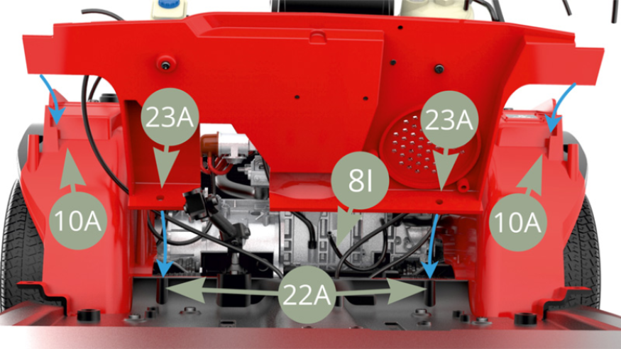 Move 23A Firewall to fit to 22A Chassis panel attachment points and two pockets on 10A Front wheel arcs , all pointed by four blue arrows.
