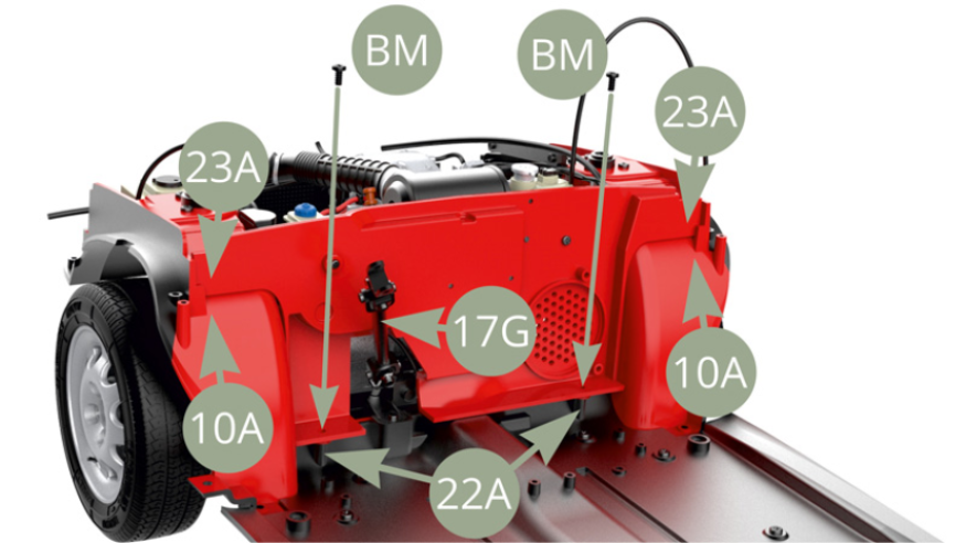 Make sure 17G Shaft exits through 23A Firewall as shown below . Fix 23A Firewall to 22A Chassis panel attachment points with two BM screws.