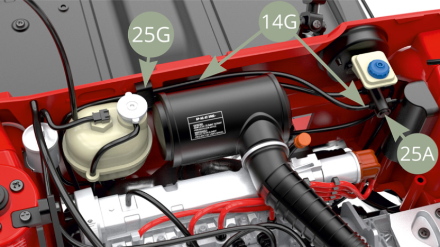 Fit 14G Brake fluid line , passing through 25G Clamp , to 25A Brakes master cylinder.