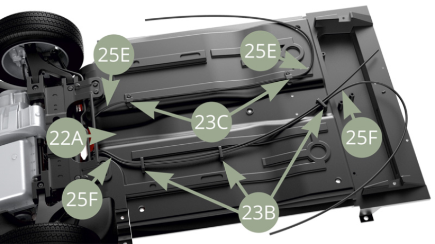 Pass 25E Rear left and 25F Rear right brake fluid lines through two 23C and three 23B Clamps respectively.