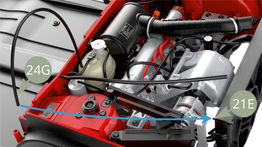 Fit 24G Radiator coolant hose to 21E Radiator Rear panel nozzle ( see image below ).