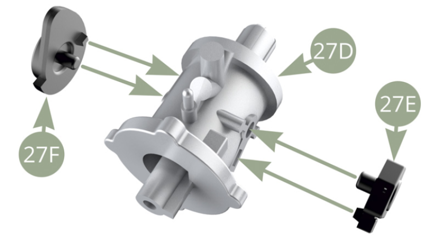 Fit 27F Throttle command link and 27E Throttle position sensor to 27D Throttle body.