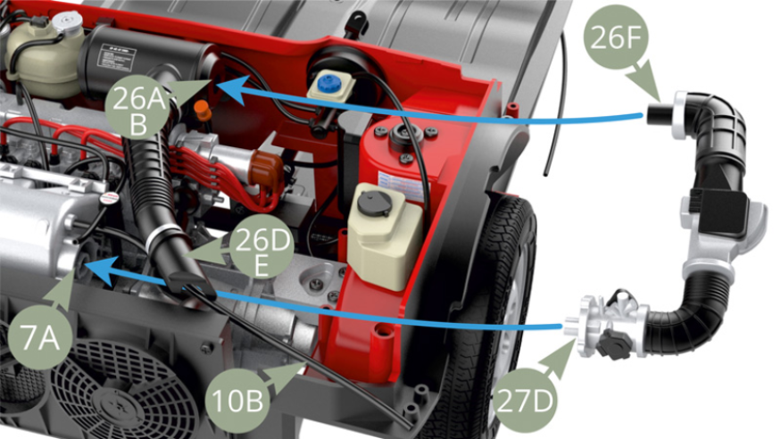 Fit 26F Air duct to 26A/B Air filter Housing and 27D Throttle body to 7A Intake manifold socket , passing under 26D/E Air duct and 10B Hose.