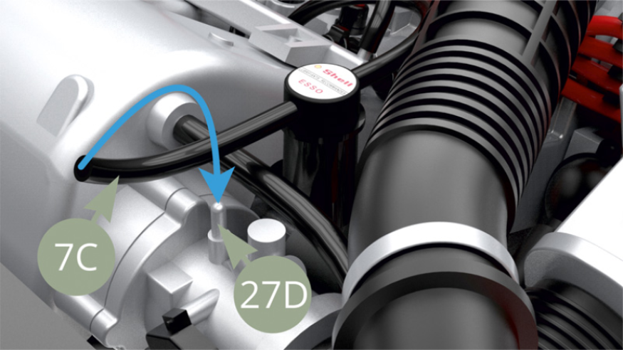 Fit 7C Vacuum hose to 27D Throttle body nozzle.