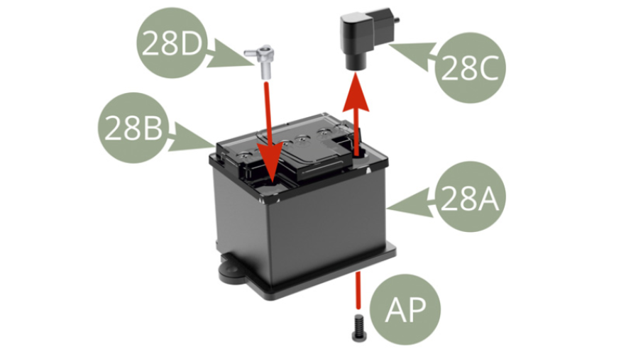 Fit 28D Positive terminal to 28A Battery through 28B Battery top. Fit 28C Ground terminal to 28A Battery through 28B Battery top and fix with AP screw.