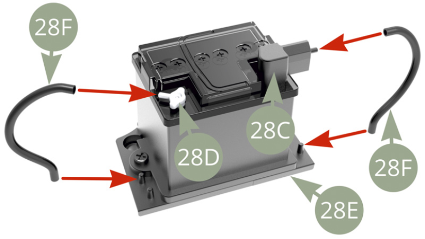 Fit 28F Battery cables between 28E Battery tray nozzles and 28D Positive terminal , and 28C Ground terminal respectively.