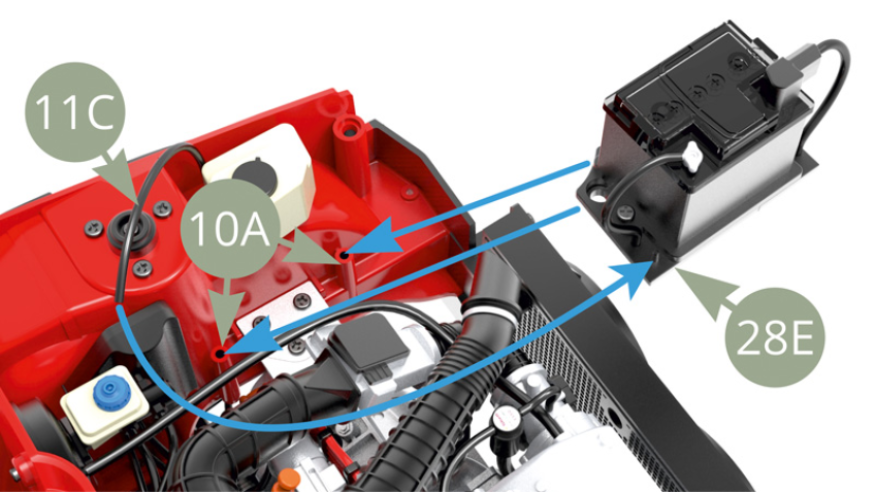 Connect 11C Washer fluid hose to 28E Battery tray nozzle and then fit the latter to 10A Front wheels arc frame , fixing it with two BM screws . ( bottom images ).