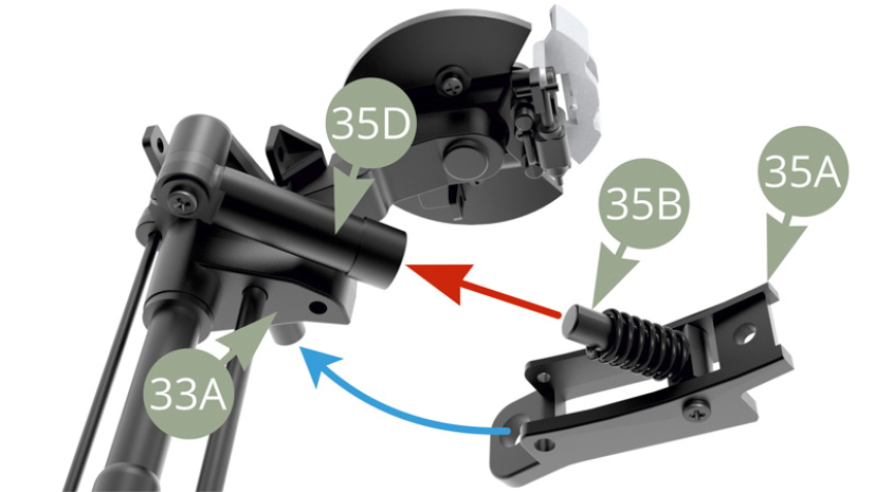 Fit 35B shock absorber piston into 35D Shock absorber cylinder and then , fit 35A Rear axle left base end on 33A Rear axle left mount pin ( illustrations below ).