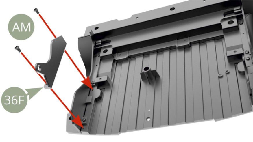 Fit 36F Inner splash shield to 30A Chassis rear section and fix with two AM screws.