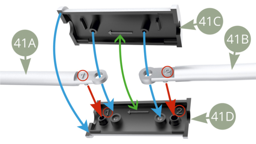 Minding red circled markings and green arrow direction engravings alignment , fit 41A front ( 1 ) and 41B mid ( 2 ) Exhaust pipes to 41D Catalytic converter top nests , and then cover and fix to 41C Catalytic converter bottom with two AP screws (  bottom illustrations ).