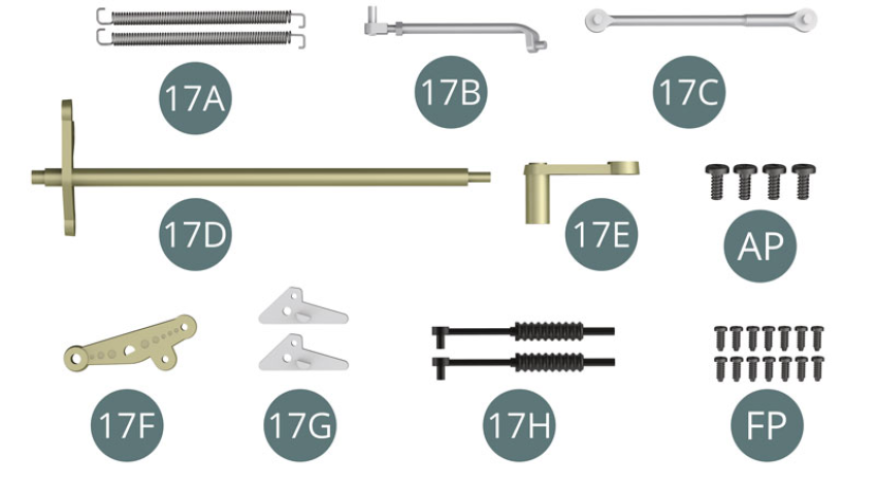 17A Return spring ( x2 )17B Generator strut (x 6)17C Control rod (x 2)17D Rocker axle (x 2)17E Control lever17F Rocker17G Bracket17H DamperAP Vis M 1,7 x 4 mm (x 4)FP Vis M 1,2 x 3 mm (x 19)GP Vis M 1,2 x 5 mm (x 8)HP Vis M 1,2 x 6 mm (x 3)