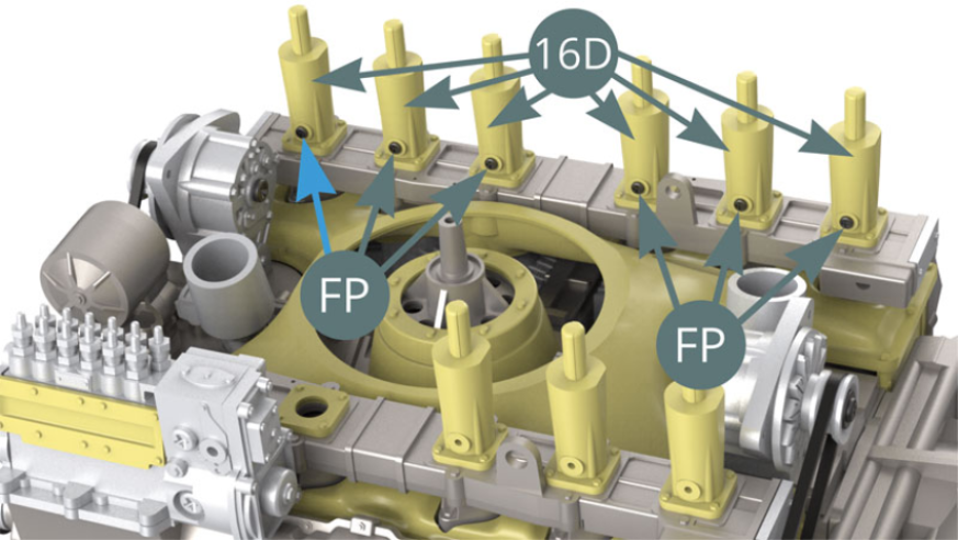 Fit six FP screws to 16D Intake trumpets. If the place - pointed by the blue arrows - is difficult to reach with a screwdriver  - do not continue screwing / this area is unexposed therefore  it is not mandatory to use the screws.