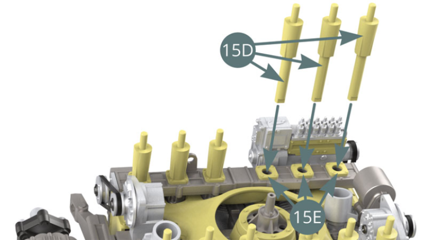 Fit three 15D Intake trumpets into three 15E Intake trumpet flanges.