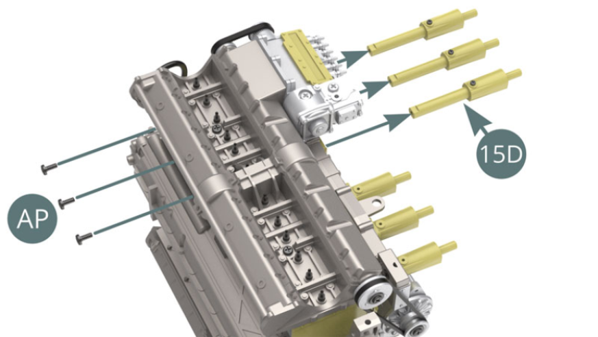 Fix three 15D Intake trumpets to 11E and 8G Cylinder lower parts with three AP screws ( bottom illustrations ).