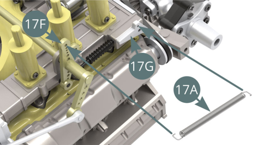 Fit 17A Return spring between 17G Bracket and 17F Rocker.