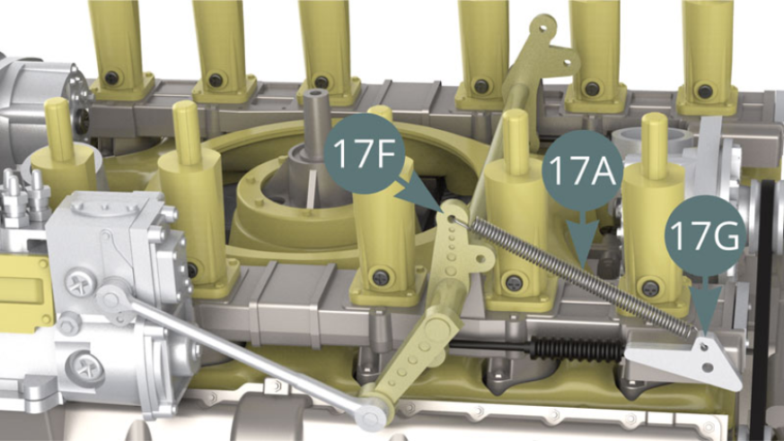 17A Return spring is installed between 17G Bracket and 17F Rocker.