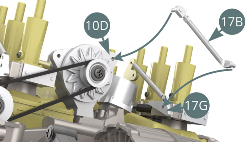 Fit 17B Generator strut between 17G Bracket and 10D Generator ( lower illustrations ).