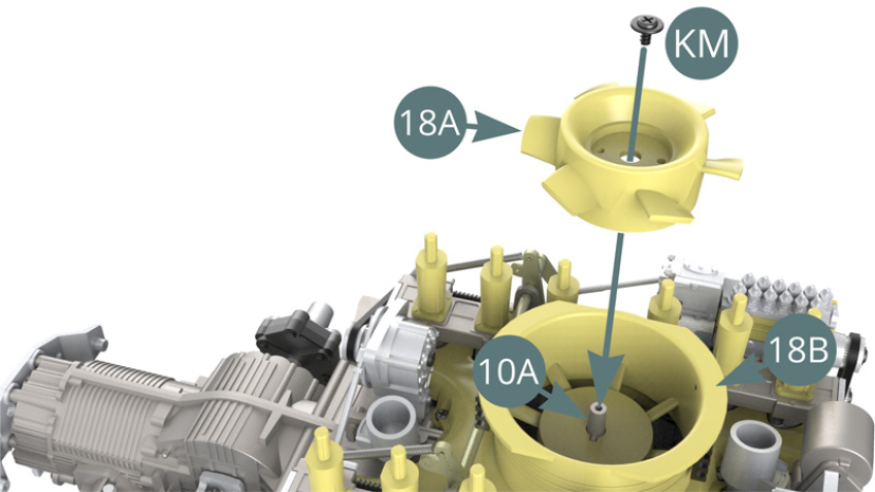 Position the fan propeller 18A on the spindle shaft of the 10A crankcase top and secure it with a KM screw.