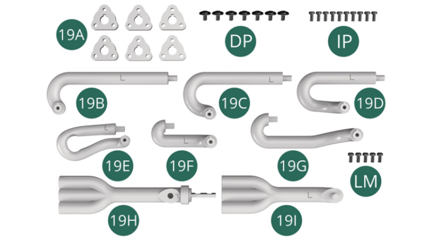 19A Flange (x 6) 19B Exhaust pipe 19C Exhaust pipe 19D Exhaust pipe 19E Exhaust pipe 19F Exhaust pipe19G Exhaust pipe 19H Exhaust manifold 19I Exhaust manifold DP Screw M 1.7 x 3 x 5 mm (x 7) IP Screw M 1.5 x 3 mm (x 10) LM Screw M 1.5 x 3 mm (x 5)