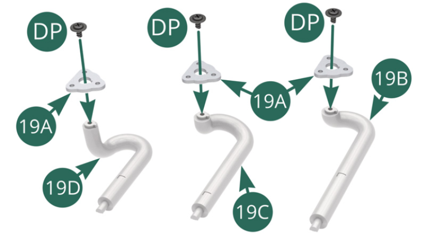 Position the six flanges 19A on each of the exhaust pipes 19B, 19C, 19D, 19E, 19F and 19G, then secure them with six DP screws (illustrations opposite).