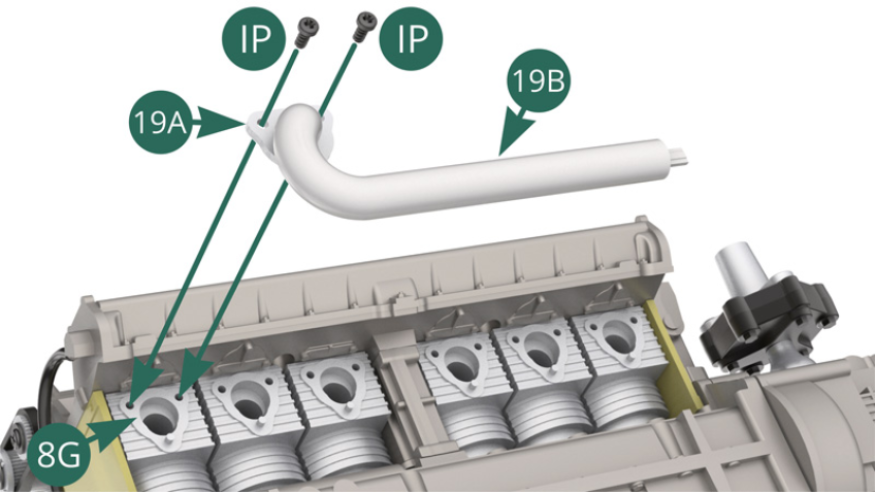 Position the flange 19A of the exhaust pipe 19B on the cylinder 8G and secure it with two IP screws. 
