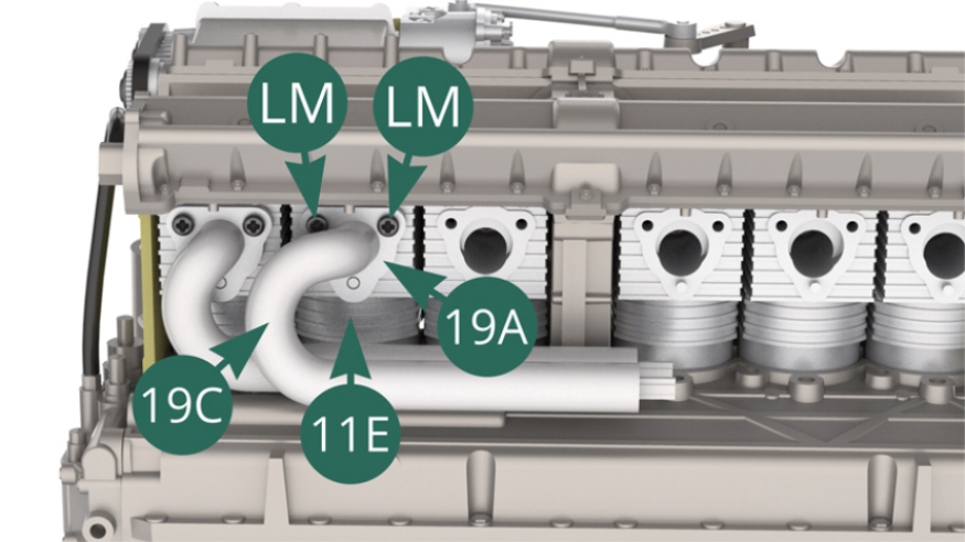 Position the flange 19A of the exhaust pipe 19C on the cylinder 11E and secure it with two LM screws.