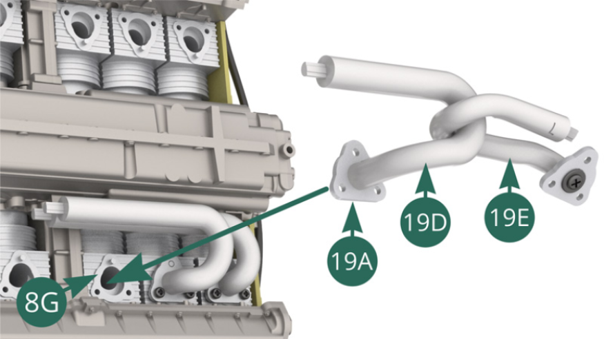 Hook the exhaust pipe 19E onto the exhaust pipe 19D and position the flange 19A of the latter onto the cylinder 8G. 